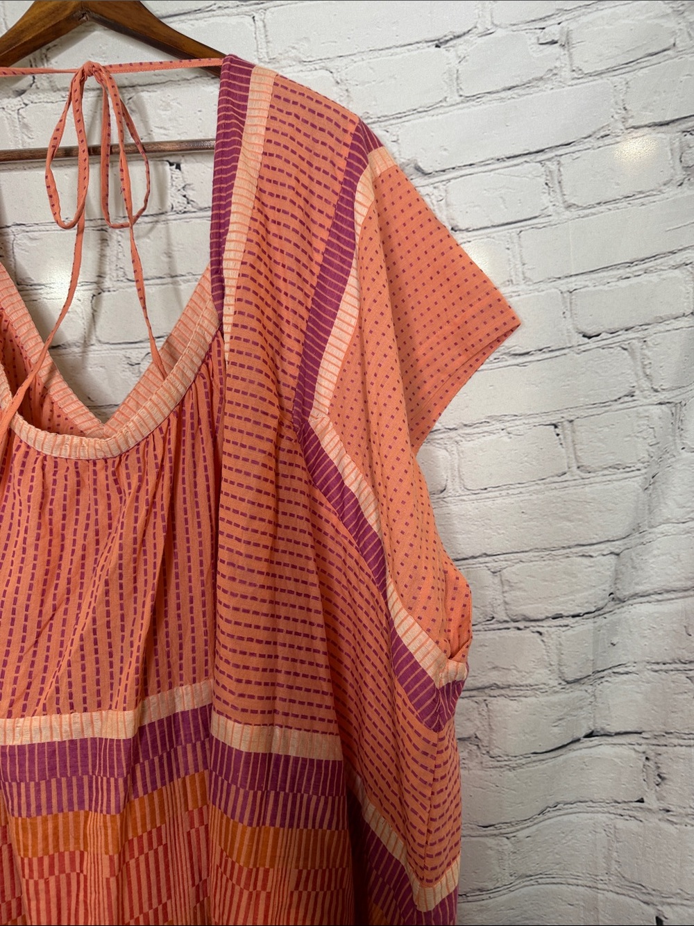Free People Peach & Pink Striped V-Neck Over Sized Caftan Tunic Dress Size Large - Picture 10 of 12
